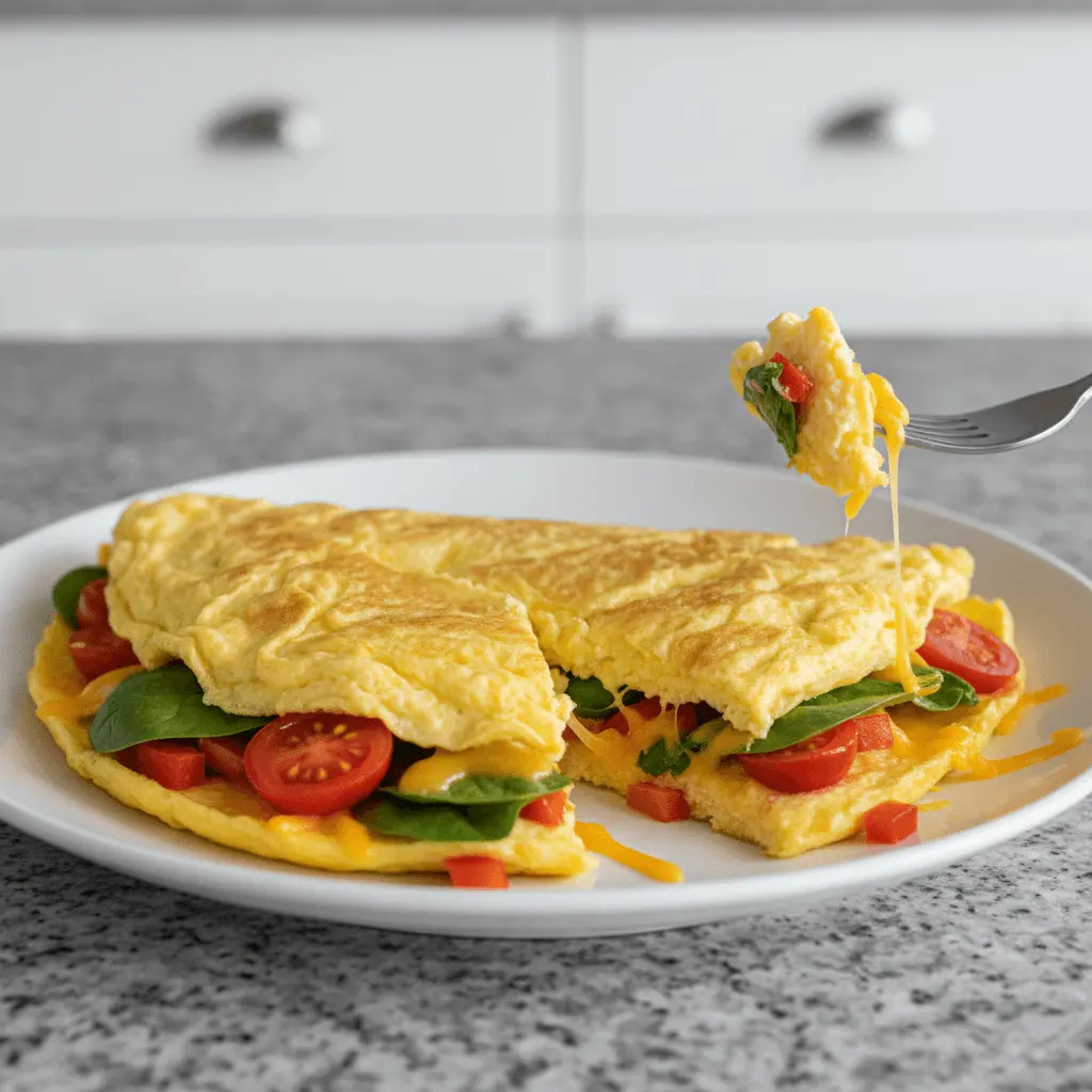 Close-up of a fluffy vegetable omelette recipe with melted cheese, spinach, and cherry tomatoes, lifted by a fork.