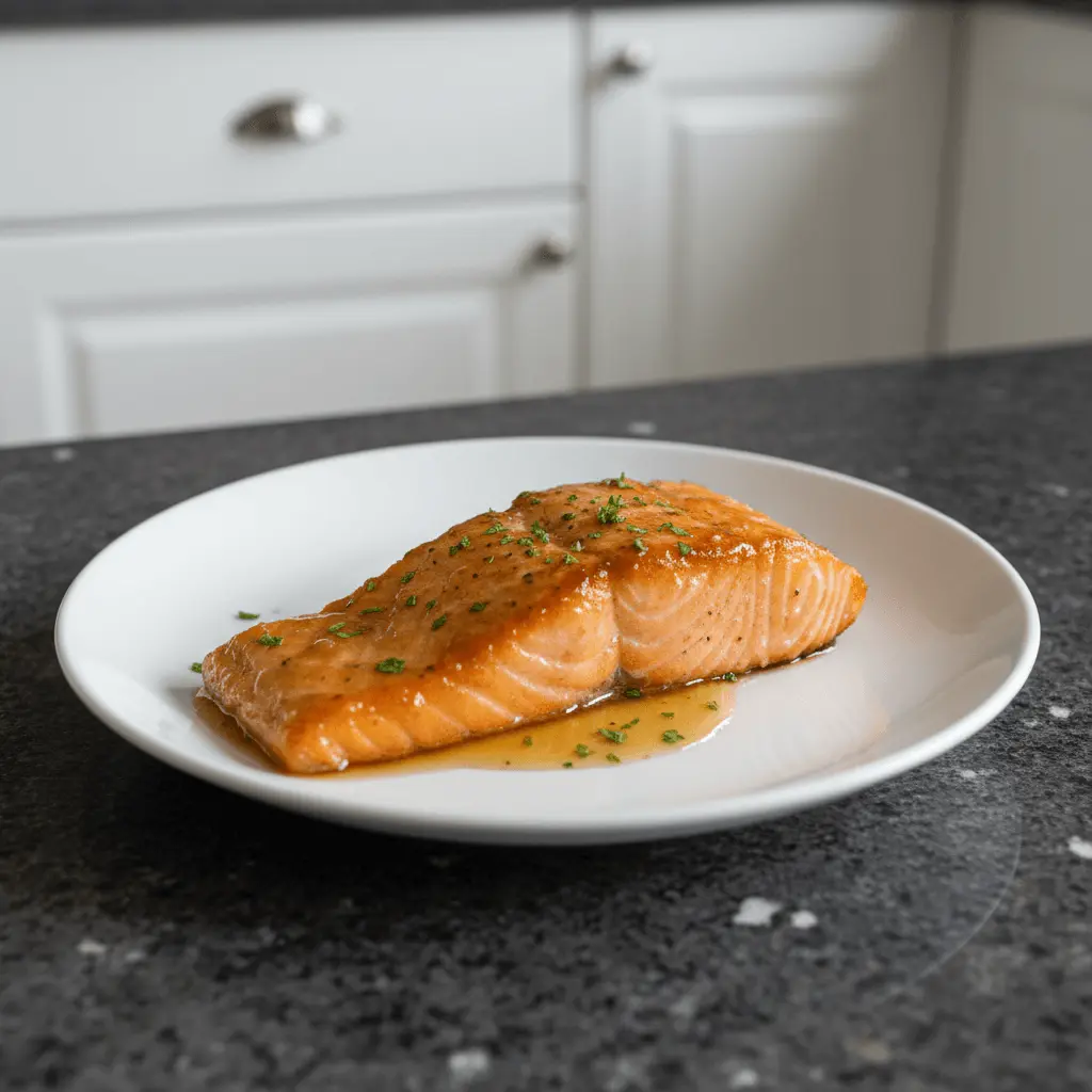 A perfectly cooked honey garlic salmon fillet on a white plate, garnished with herbs, in a modern kitchen setting.