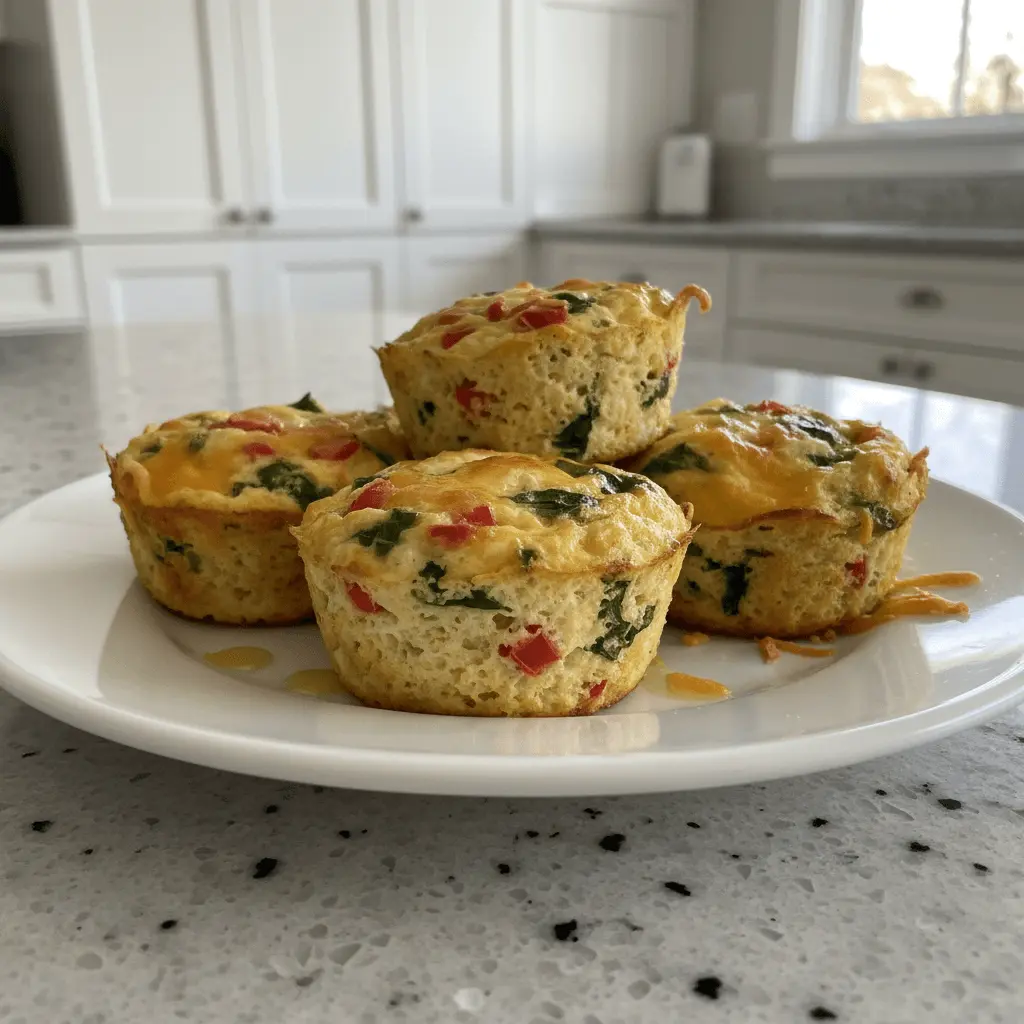 Close-up of golden-yellow cottage cheese egg muffins with spinach and bell pepper on a white plate in a bright kitchen.