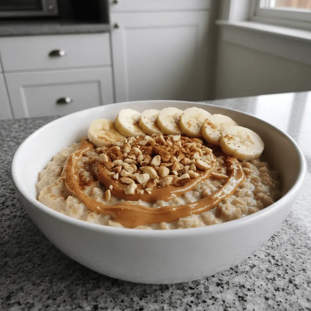 A vibrant close-up of a hearty bowl of oatmeal with peanut butter and banana, garnished with chopped nuts and cinnamon, in a bright modern kitchen.