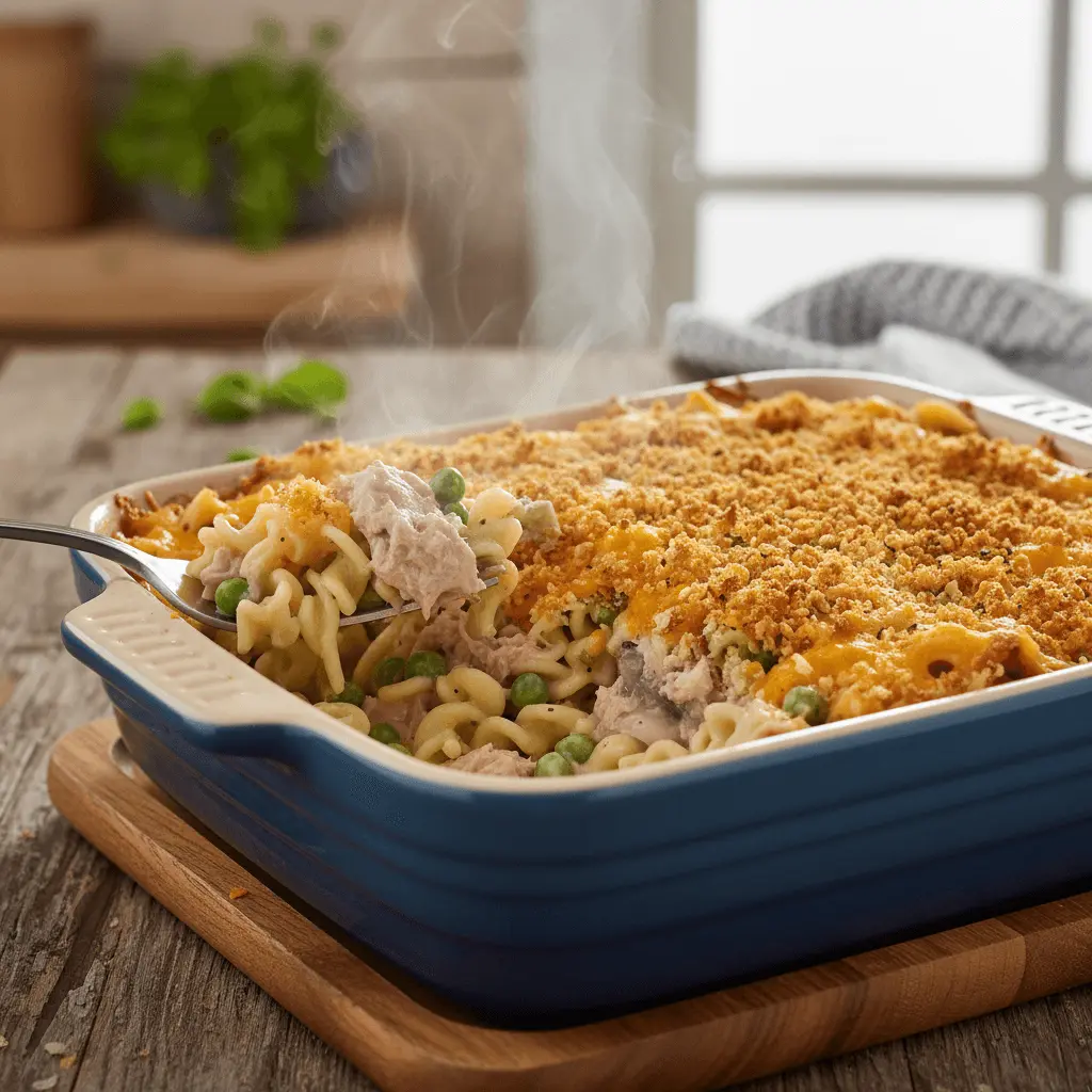 Steaming hot tuna noodle casserole with a golden-brown breadcrumb topping being scooped on a rustic wooden table.