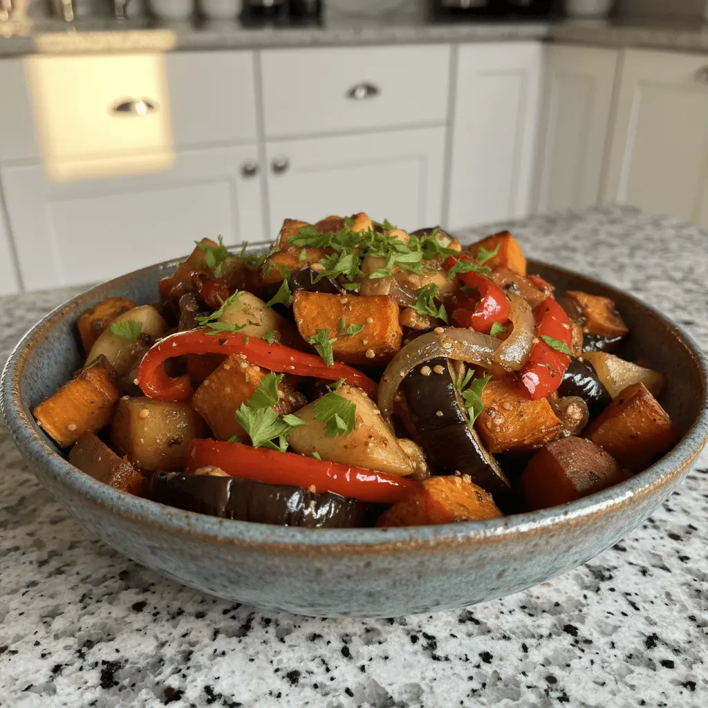 A rustic ceramic bowl filled with vibrant, perfectly roasted sweet potatoes and mixed vegetables, garnished with fresh herbs.