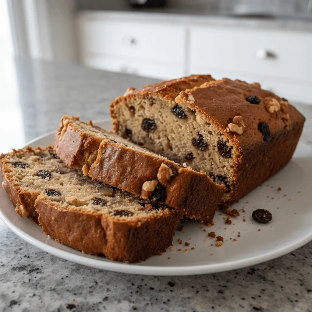 Sliced banana bread recipe loaf with walnuts and raisins on a white plate in a home kitchen.