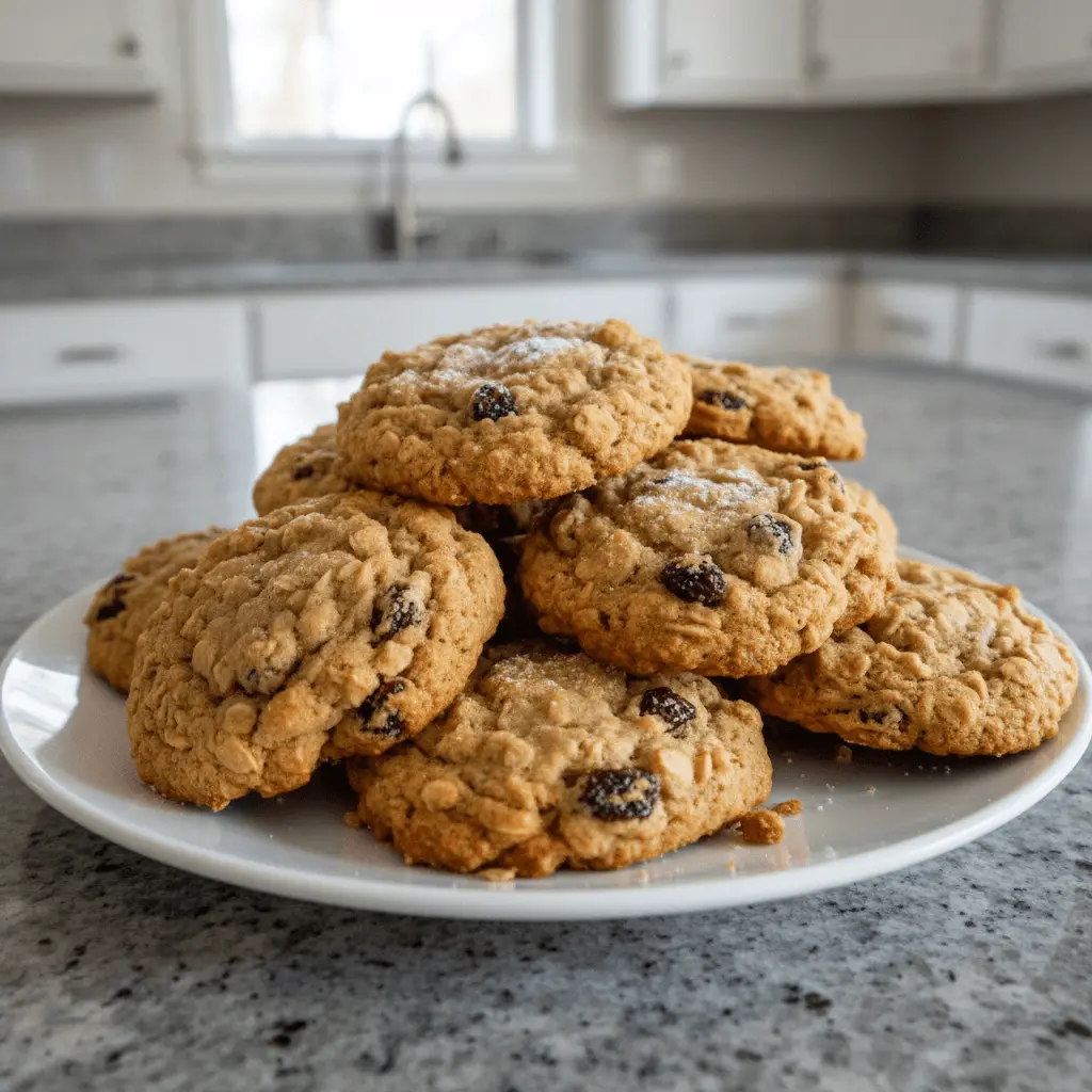 A plate of freshly baked, golden-brown chewy oatmeal raisin cookies with visible oats and plump raisins, lightly dusted with powdered sugar, set in a bright, modern kitchen.