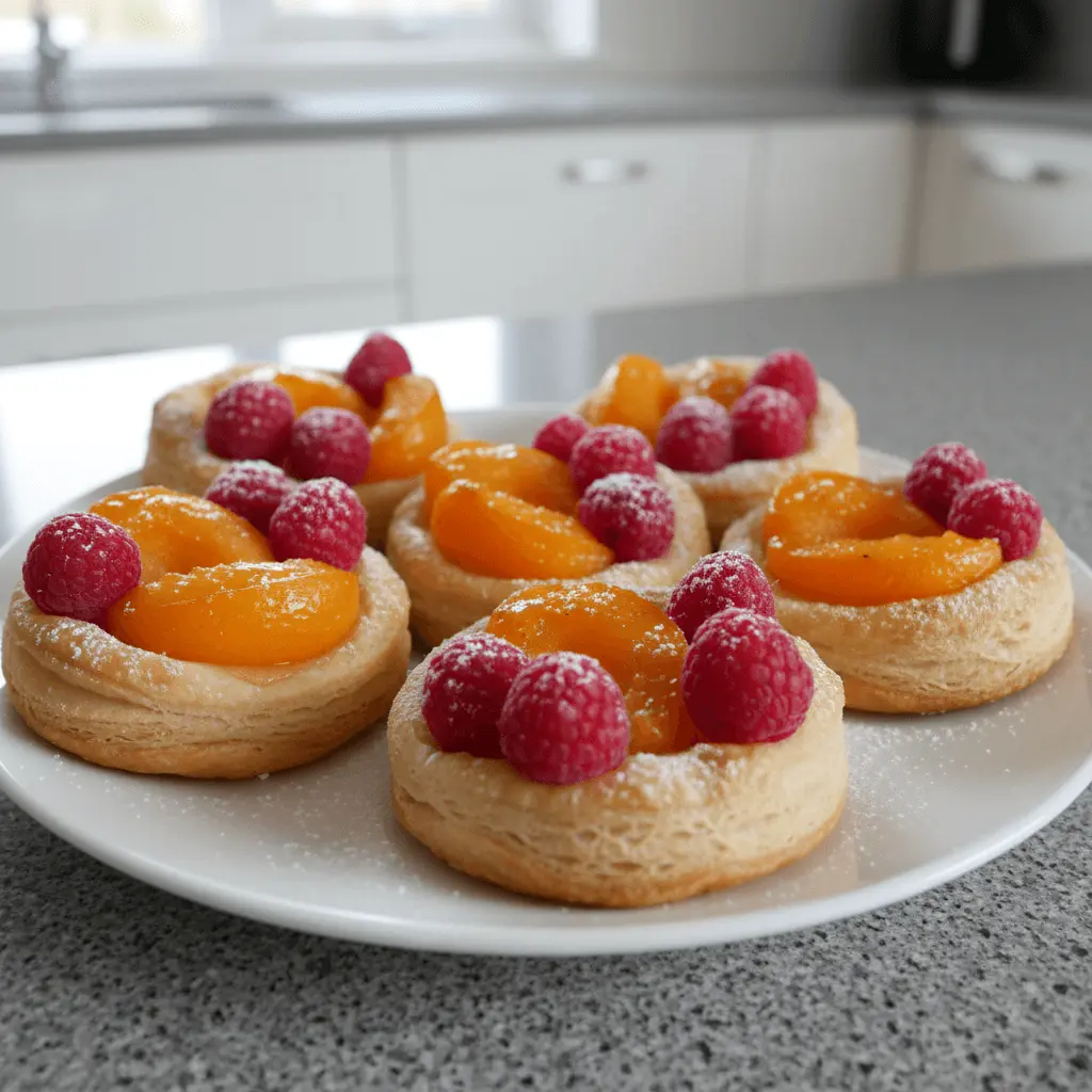 Delicious apricot raspberry tartlets with flaky pastry and powdered sugar.