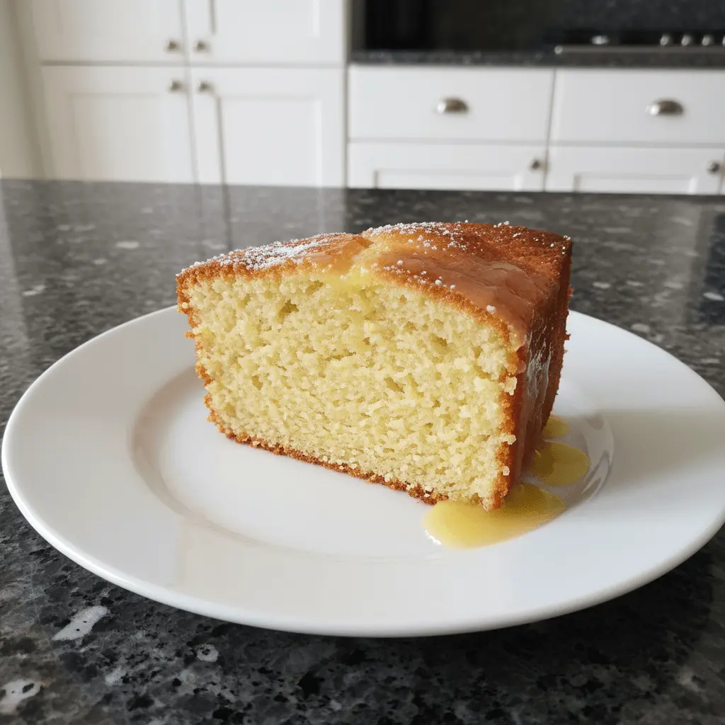 A tempting slice of lemony yogurt pound cake with glistening glaze and powdered sugar, served on a white plate in a modern kitchen setting.