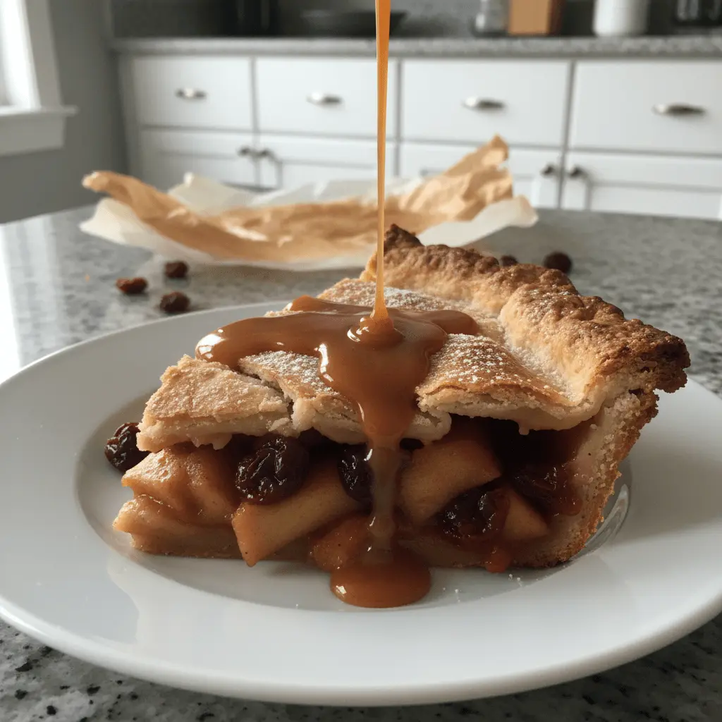 A mouth-watering slice of rustic apple pie with dried cherries, featuring a golden lattice crust, drizzled with rich caramel sauce on a white plate in a bright kitchen.