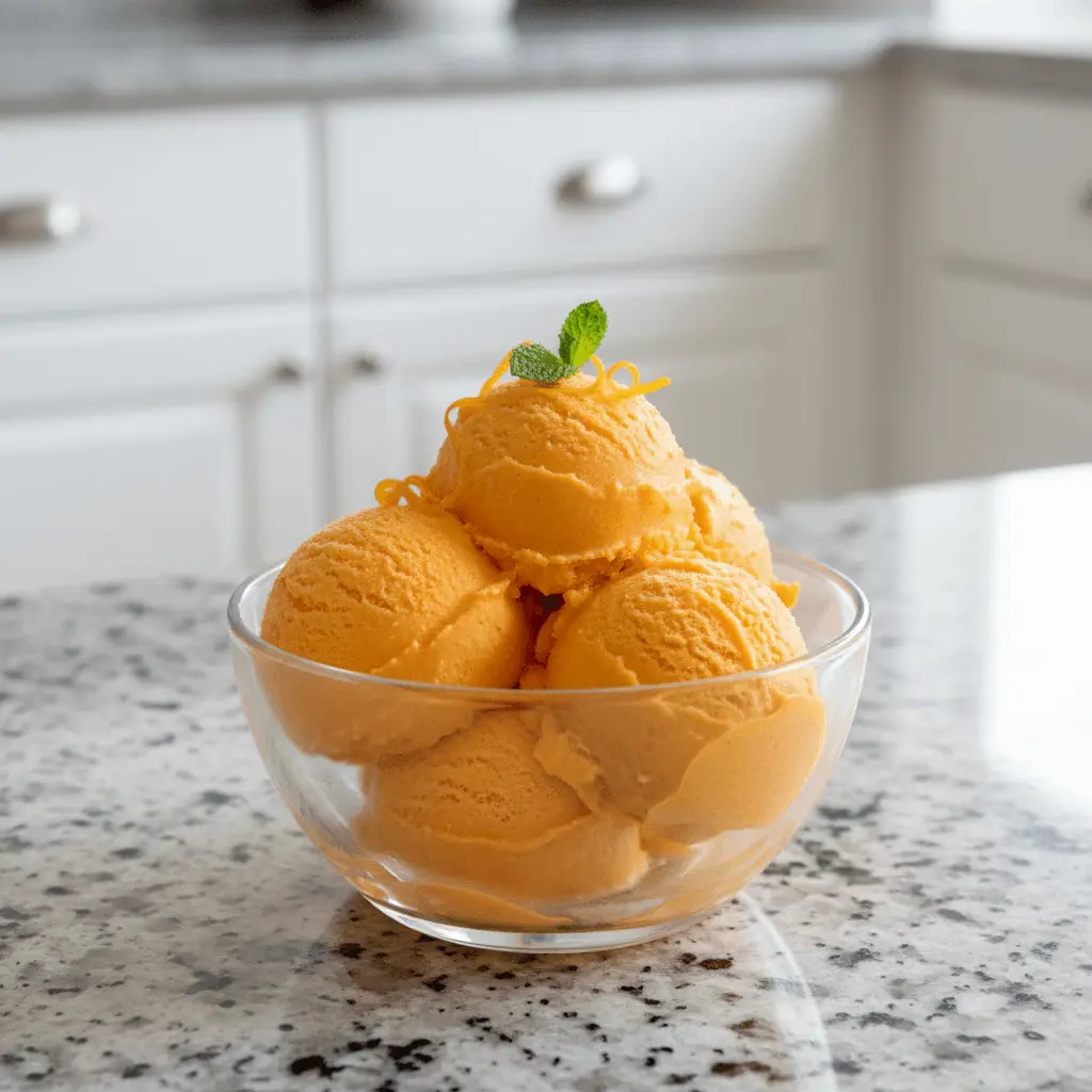 Vibrant scoops of homemade orange sherbet, garnished with fresh mint and orange zest, presented in a clear glass bowl on a modern kitchen counter. Perfect for an orange sherbet recipe.
