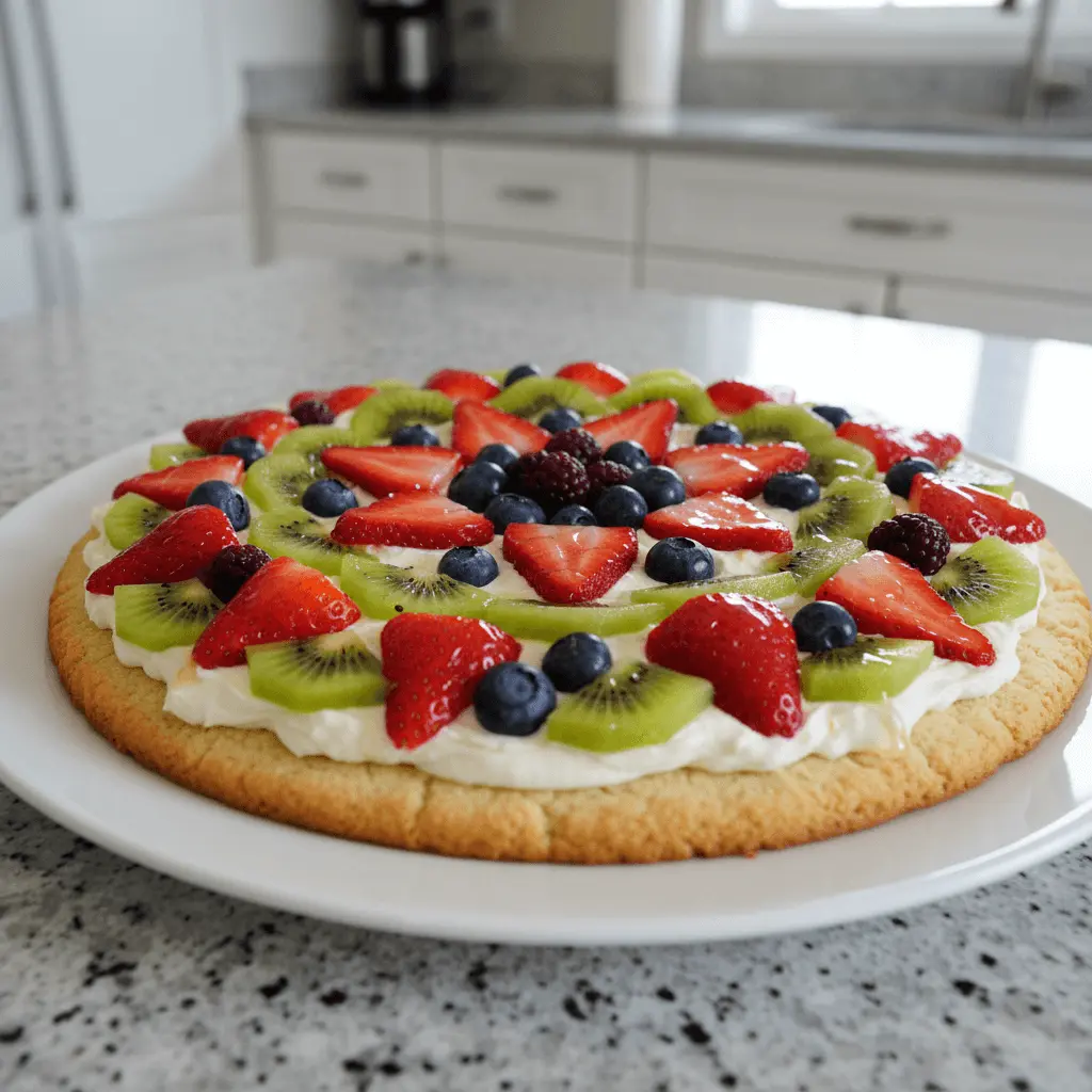 Vibrant fruit pizza dessert on a white ceramic plate, topped with fresh strawberries, kiwi, and blueberries in a modern kitchen setting.