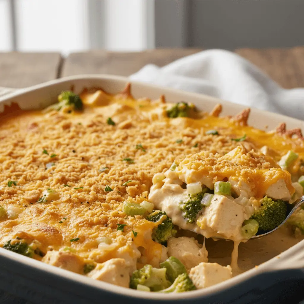 Close-up of a golden-brown chicken divan casserole being scooped from a rustic baking dish.