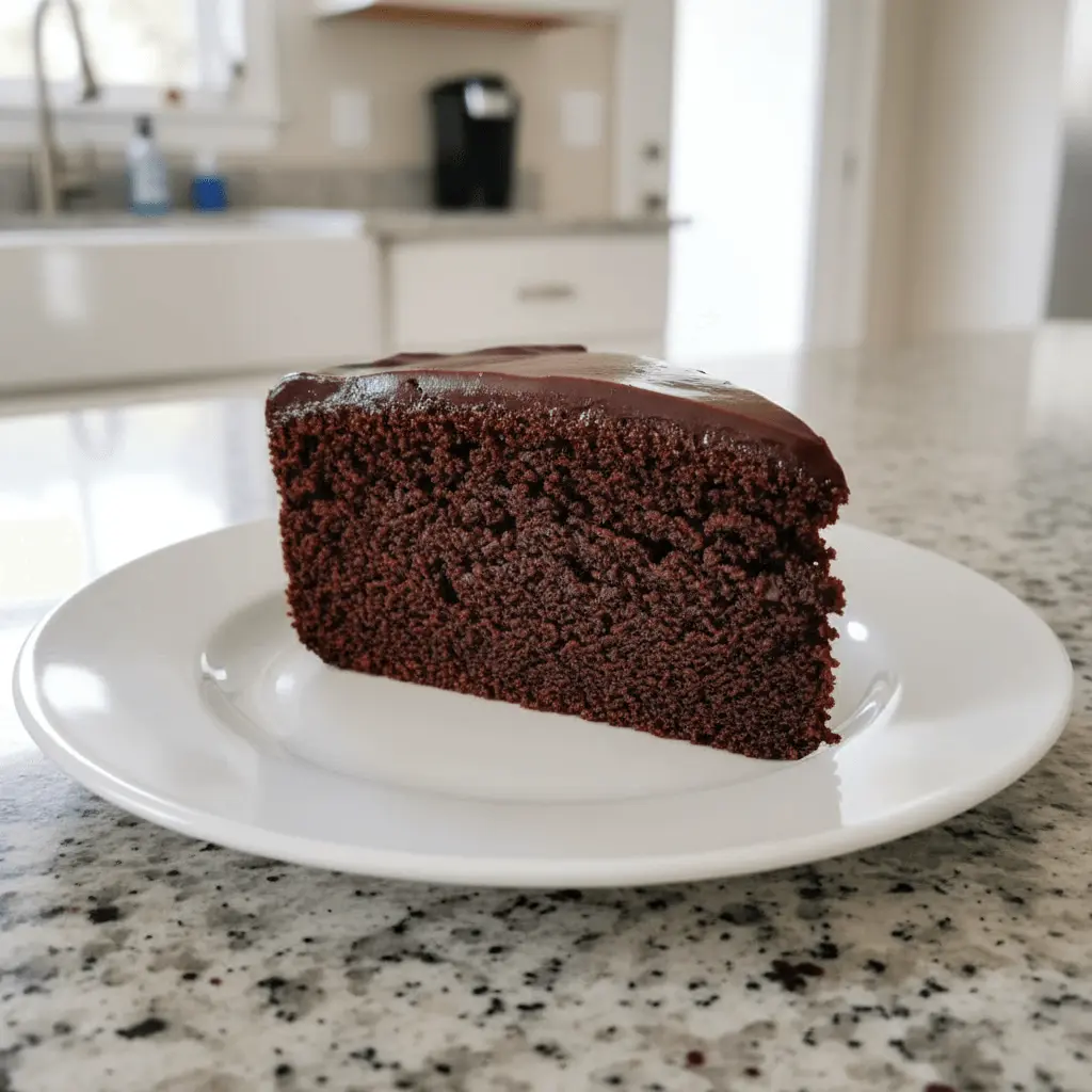 A close-up of a rich, dense slice of flourless chocolate cake with glossy ganache on a white plate in a modern kitchen.