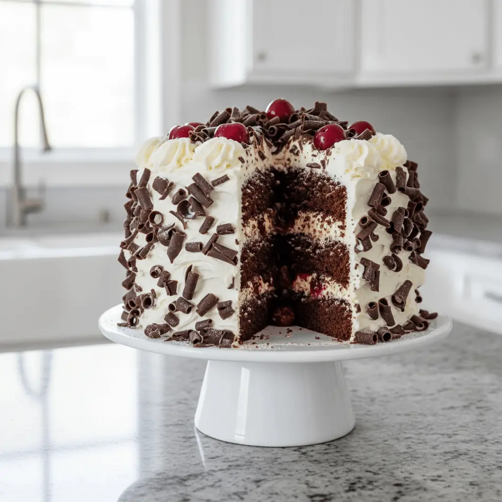 Sliced Black Forest cake recipe, revealing moist chocolate layers, whipped cream, and cherry filling on a white stand in a modern kitchen.