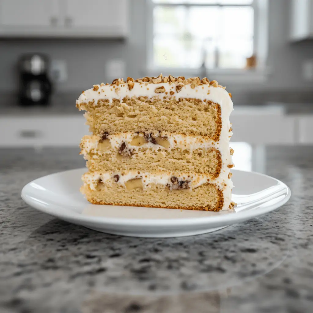A delicious slice of Hummingbird cake recipe with creamy frosting, banana, and nuts on a white plate, showcasing its moist layers in a modern kitchen.