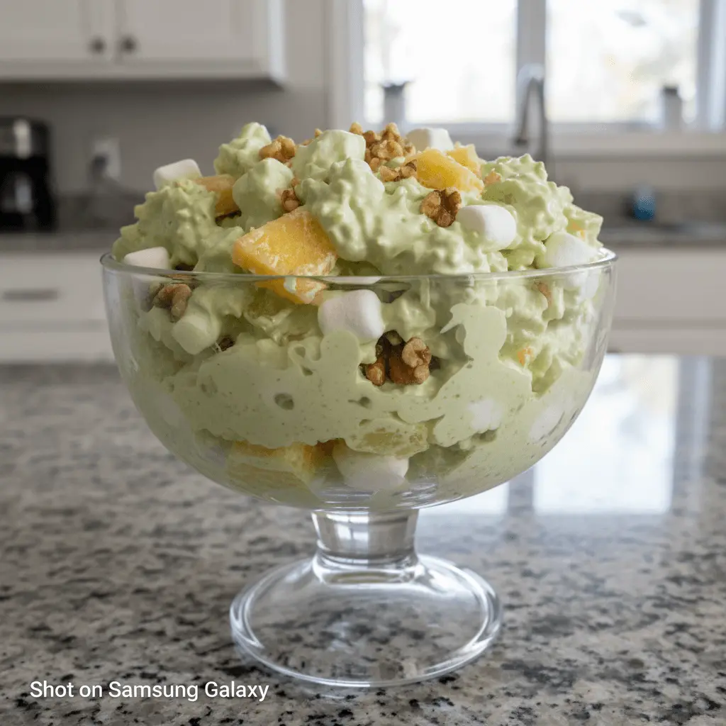 Vibrant Watergate salad dessert with marshmallows, pineapple, and walnuts in a clear glass bowl.