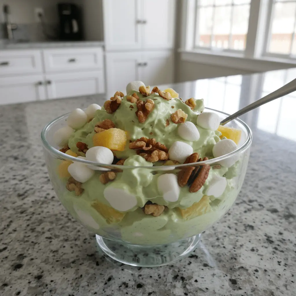 A close-up of a fluffy green Watergate salad dessert in a clear glass bowl, featuring marshmallows, pineapple, and nuts on a bright kitchen counter.