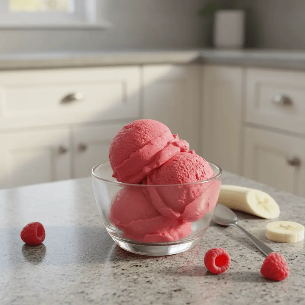 Vibrant bowl of homemade raspberry banana sorbet with fresh raspberries and banana slices in a modern kitchen.