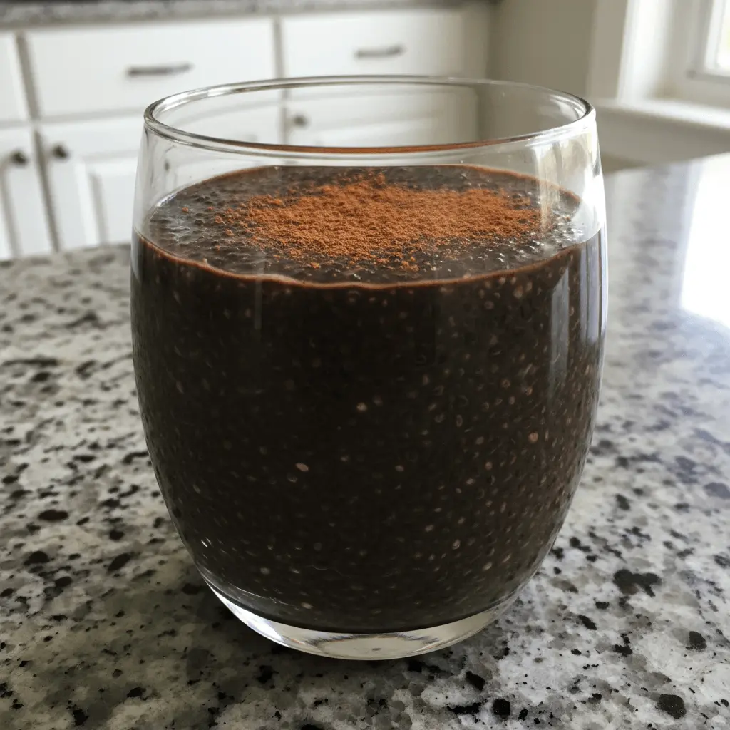 A glass of dark chocolate chia pudding dessert with a dusting of cocoa powder on a modern kitchen countertop.