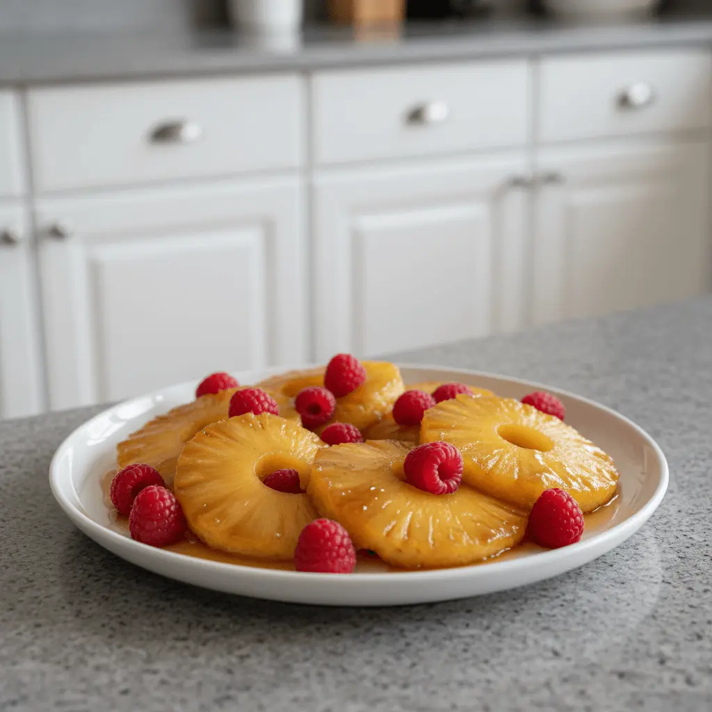 Delicious caramelized pineapple with fresh raspberries on a white plate.