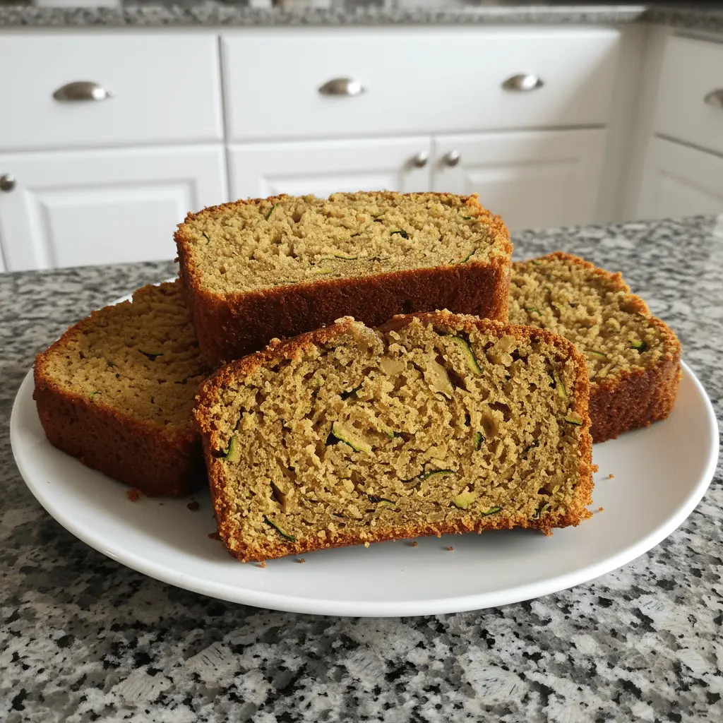 Close-up of freshly baked slices of Vegan zucchini bread with walnuts on a white plate.