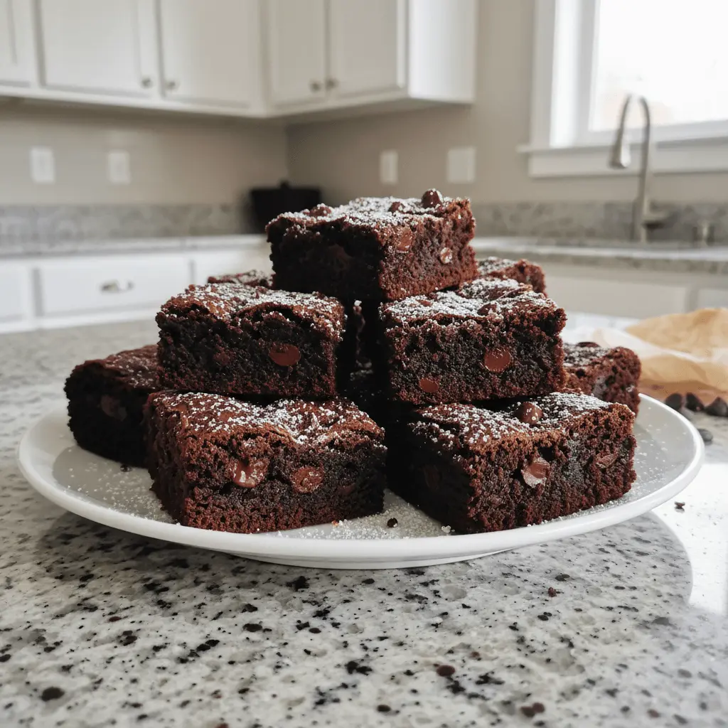 Close-up of a generous stack of fudgy black bean brownies, dusted with powdered sugar and rich with chocolate chips, on a white plate in a bright kitchen.