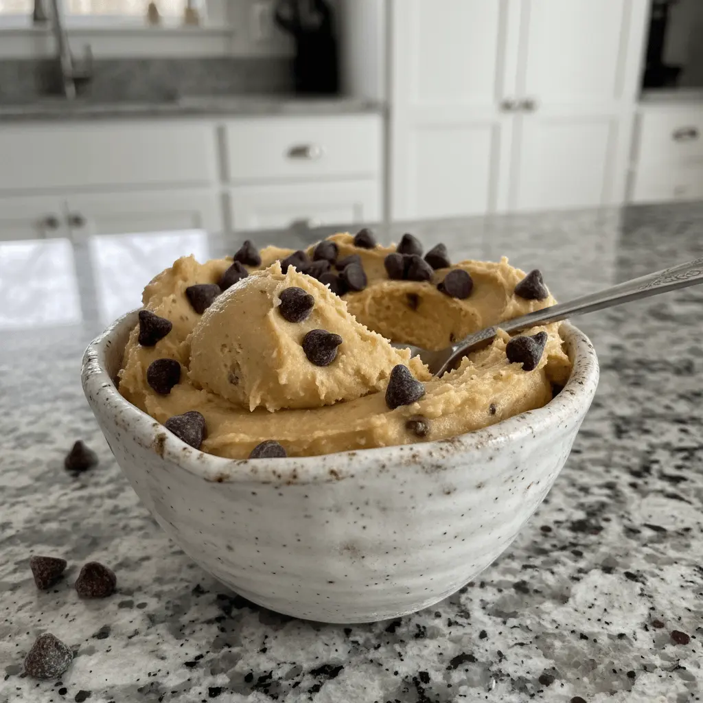 A rustic bowl brimming with creamy chocolate chip chickpea cookie dough, studded with mini chips and a spoon.