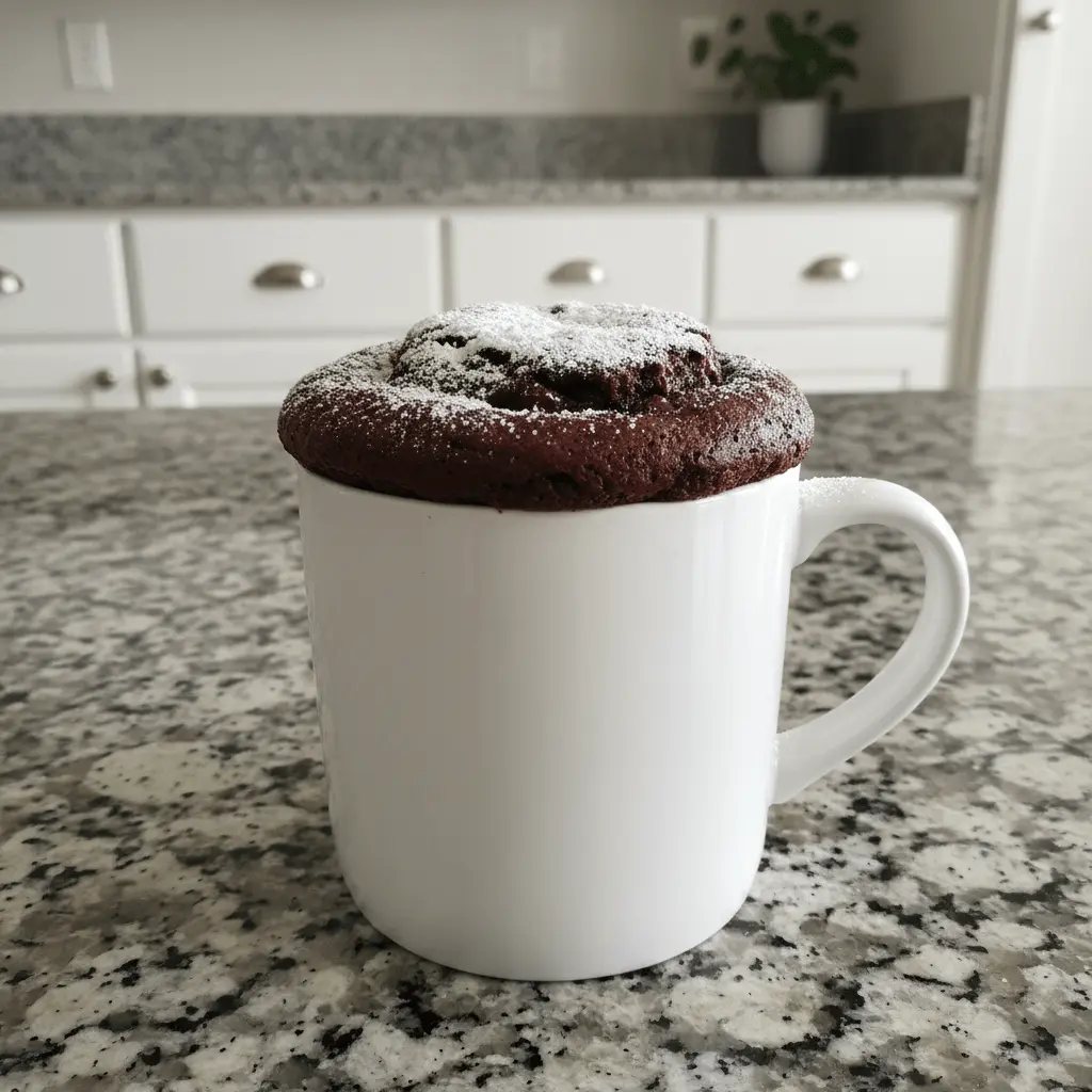 Delicious chocolate protein mug cake dusted with powdered sugar on a speckled kitchen countertop.