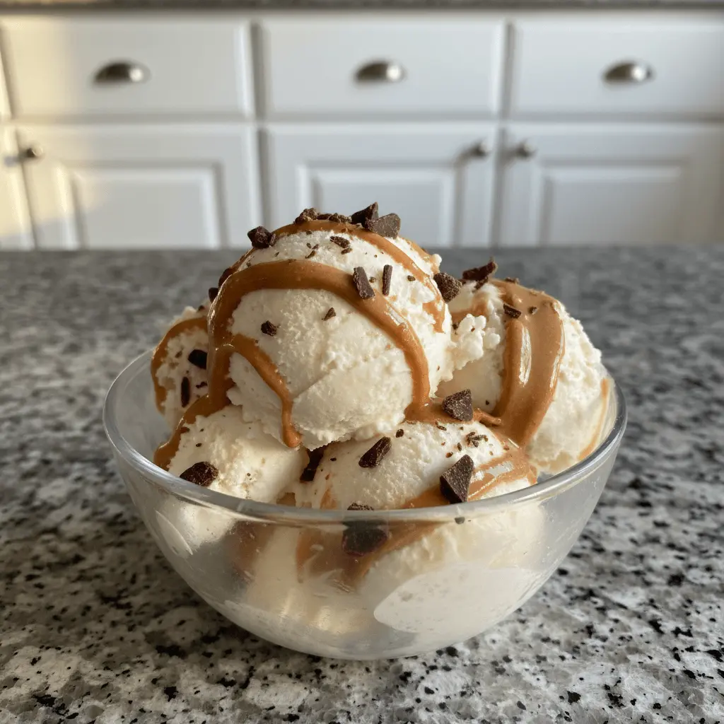 Creamy cottage cheese ice cream with rich caramel drizzle and chocolate pieces.