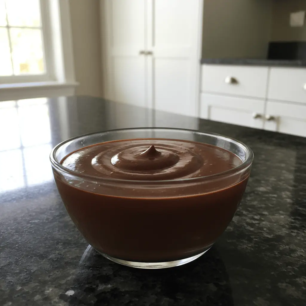 Close-up of smooth, creamy tofu chocolate pudding in a glass bowl on a dark kitchen countertop.