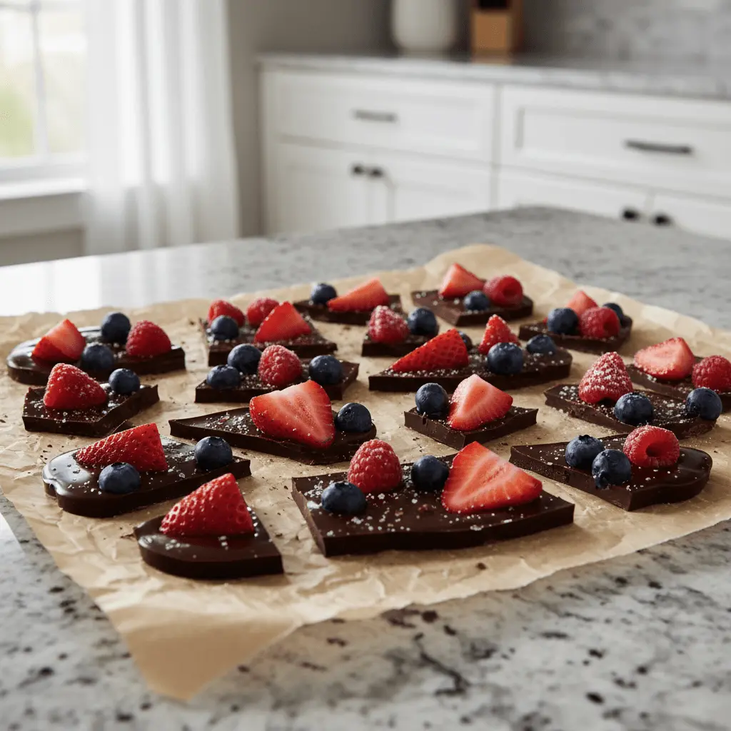 Delicious dark chocolate bark pieces topped with fresh blueberries, strawberries, and raspberries, sprinkled with sea salt, on parchment paper. This homemade blueberry chocolate bark is a perfect sweet treat.
