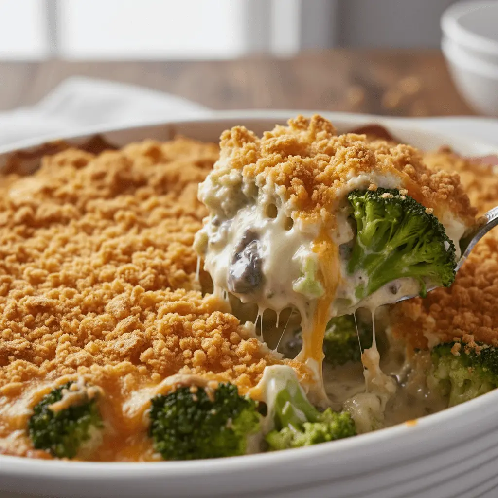 A close-up of a serving spoon lifting a gooey portion of creamy, golden-brown broccoli casserole from a white baking dish, showing melted cheese pull.