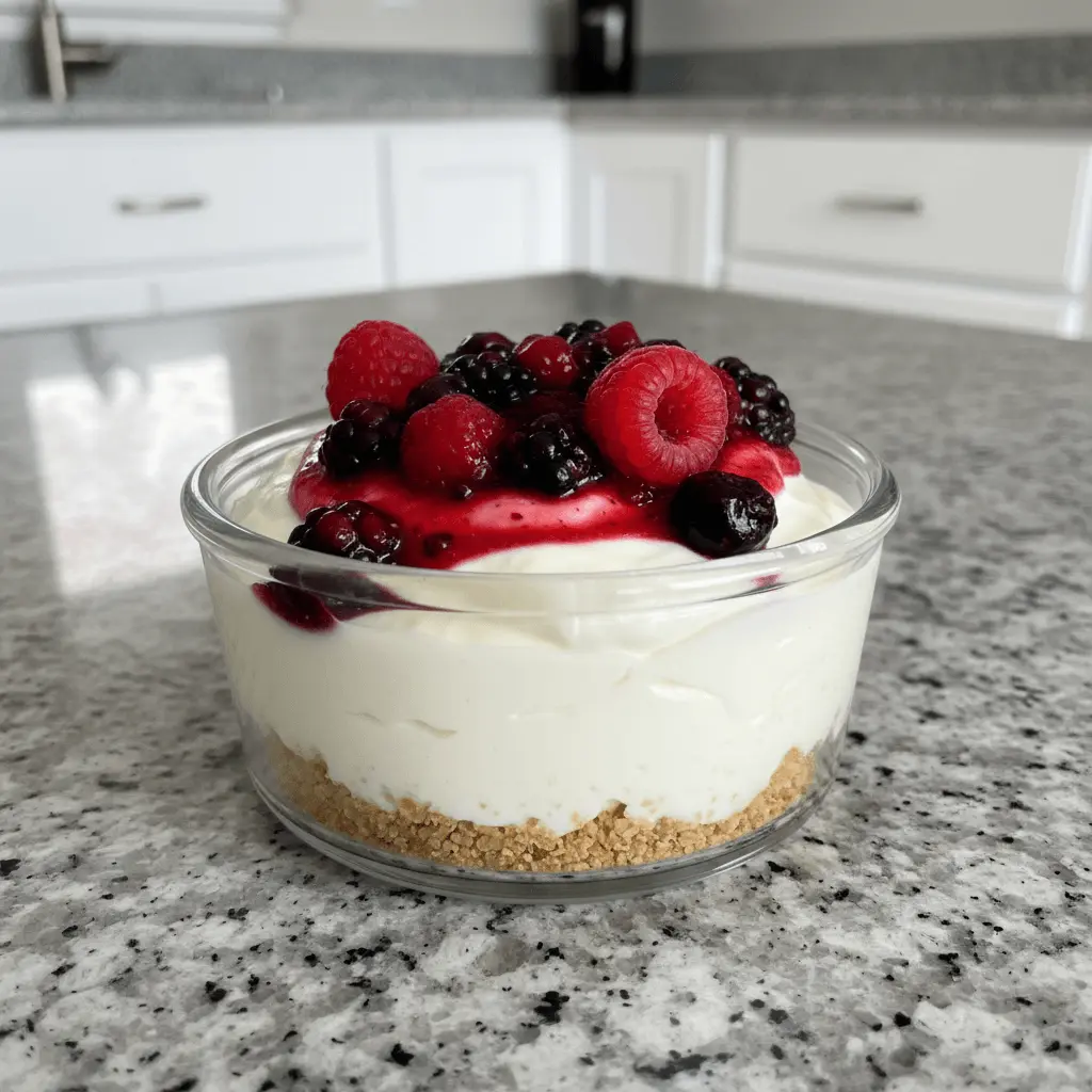 Close-up of a delicious, layered Yogurt cheesecake (2-ingredient trend) in a glass ramekin, topped with fresh mixed berries and berry compote on a modern kitchen counter.