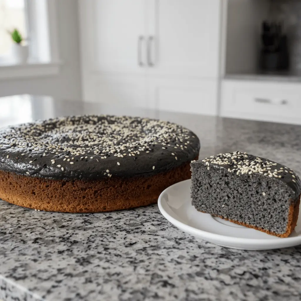Elegant dark gray cake and a slice, garnished with sesame seeds, highlighting gourmet black sesame dessert recipes in a bright kitchen.