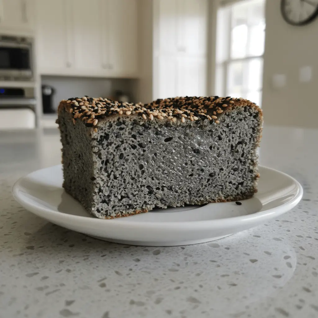 Close-up of a dark grey cake slice, generously topped with black and white sesame seeds, embodying the unique appeal of Black sesame dessert recipes.