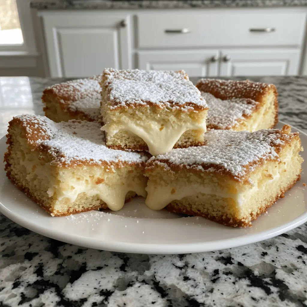 Close-up of homemade Neiman Marcus cake bars with creamy filling and powdered sugar.