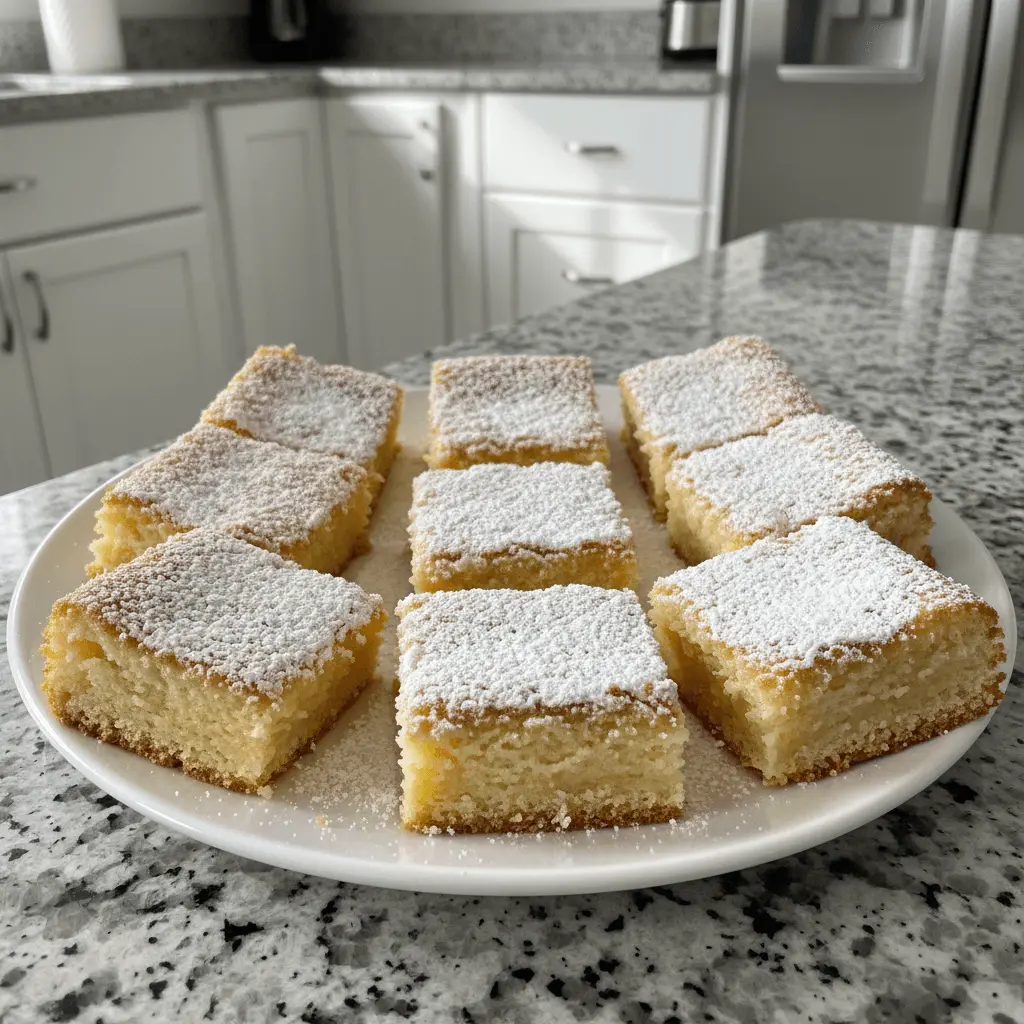 Freshly baked square Neiman Marcus cake bars, generously dusted with powdered sugar, presented on a white plate in a bright kitchen setting.