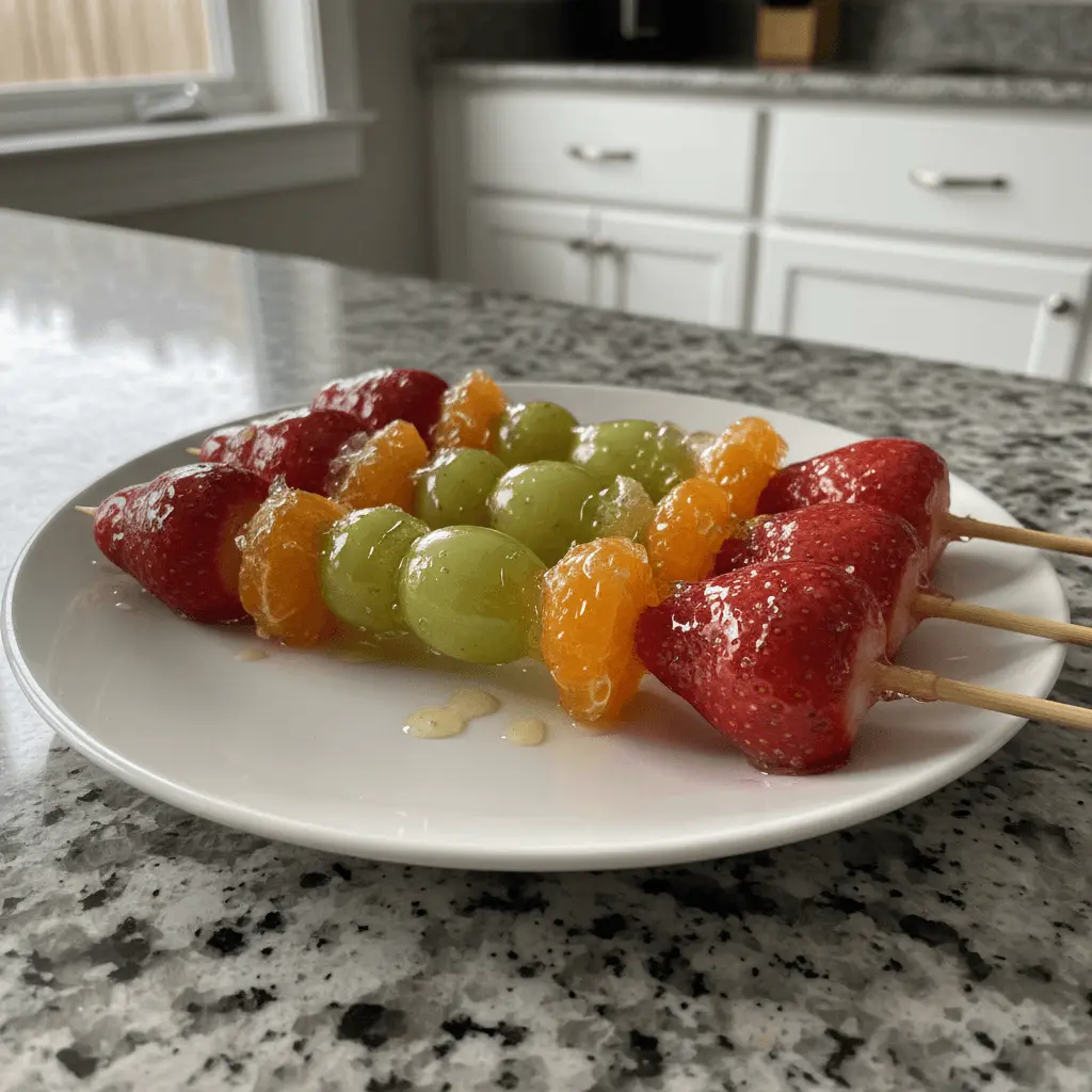 Tanghulu candied fruit skewers featuring glossy strawberries, green grapes, and tangerine segments on a white plate in a modern kitchen.
