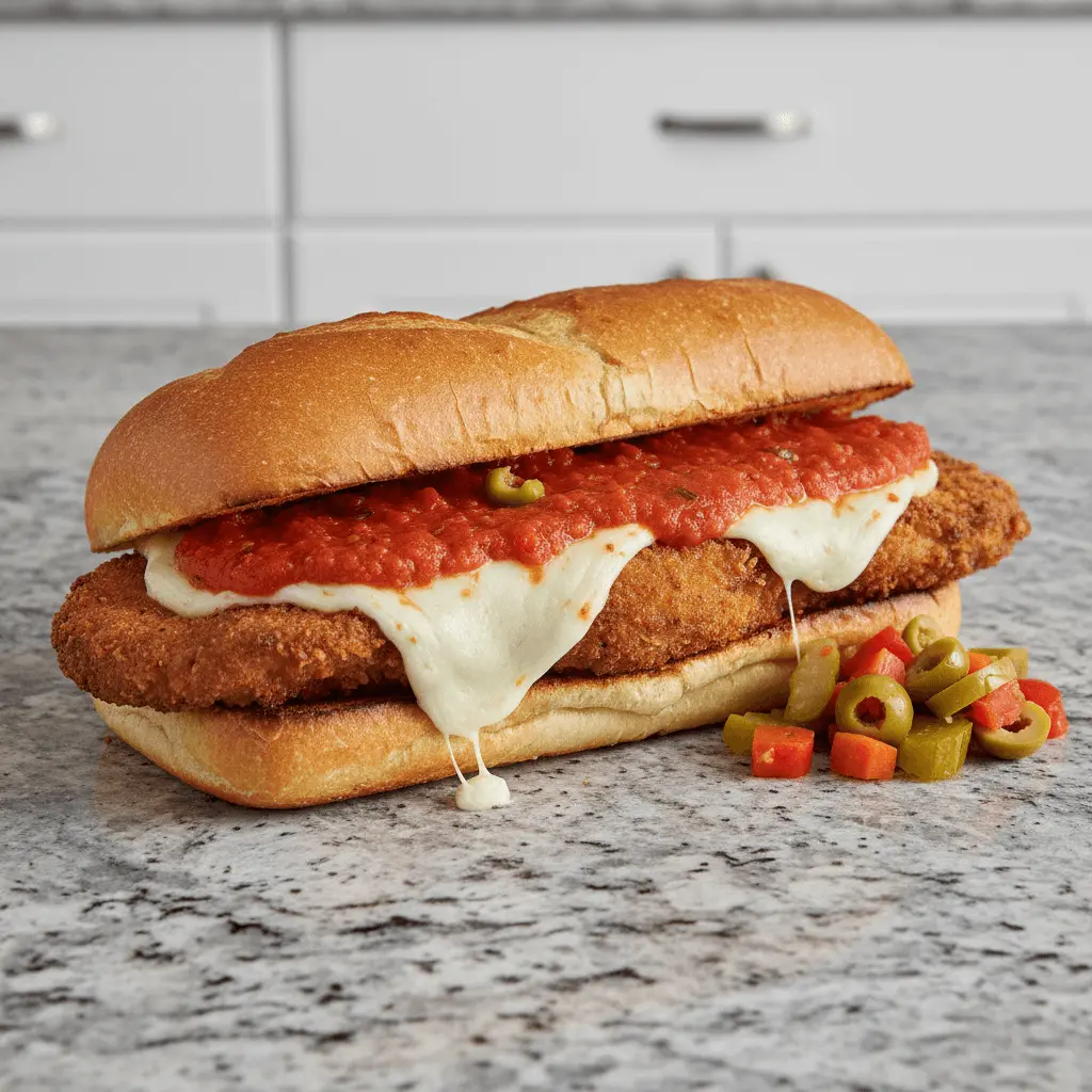Close-up of a gourmet breaded steak sandwich with melted cheese, marinara, and a side of pickled vegetables.