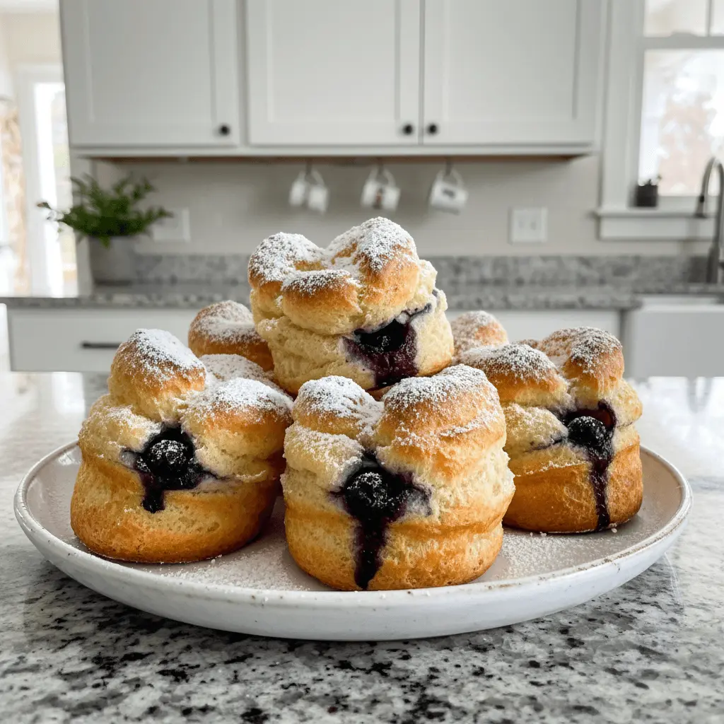 Golden-baked blueberry popovers generously dusted with powdered sugar and filled with luscious blueberry compote on a rustic plate.