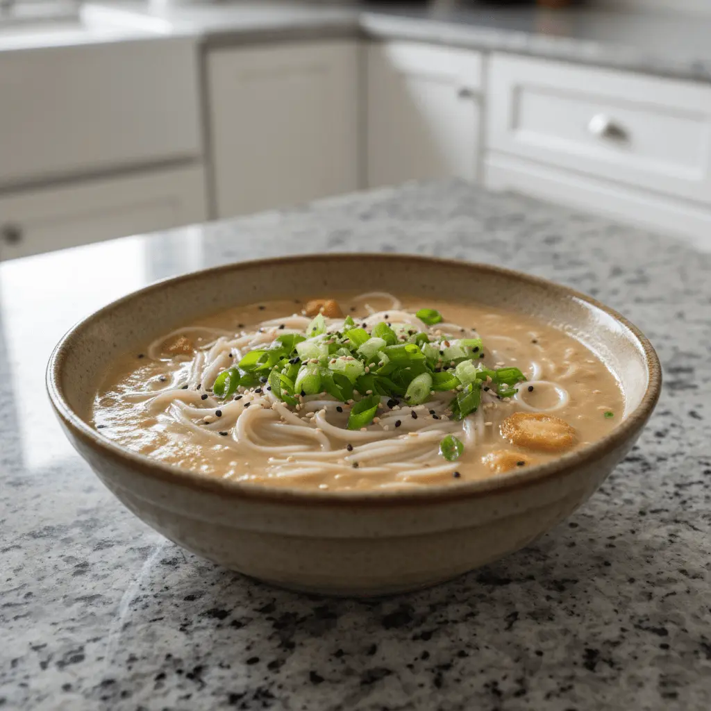 A creamy bowl of vegan somen miso noodle soup with tofu, scallions, and sesame seeds on a modern kitchen counter.