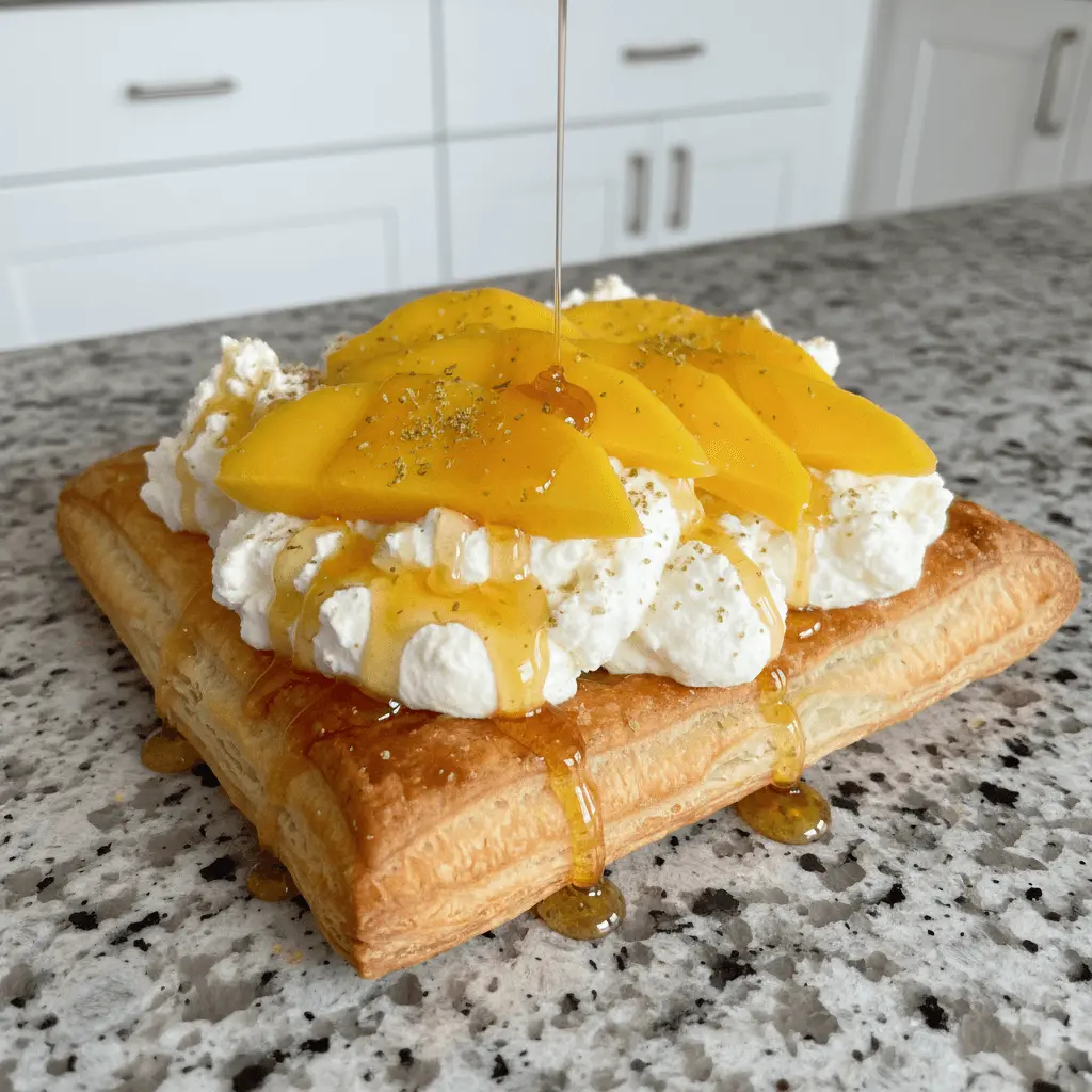 Golden puff pastry with whipped cream, fresh mango slices, and syrup drizzle, a perfect mango pastry dessert.