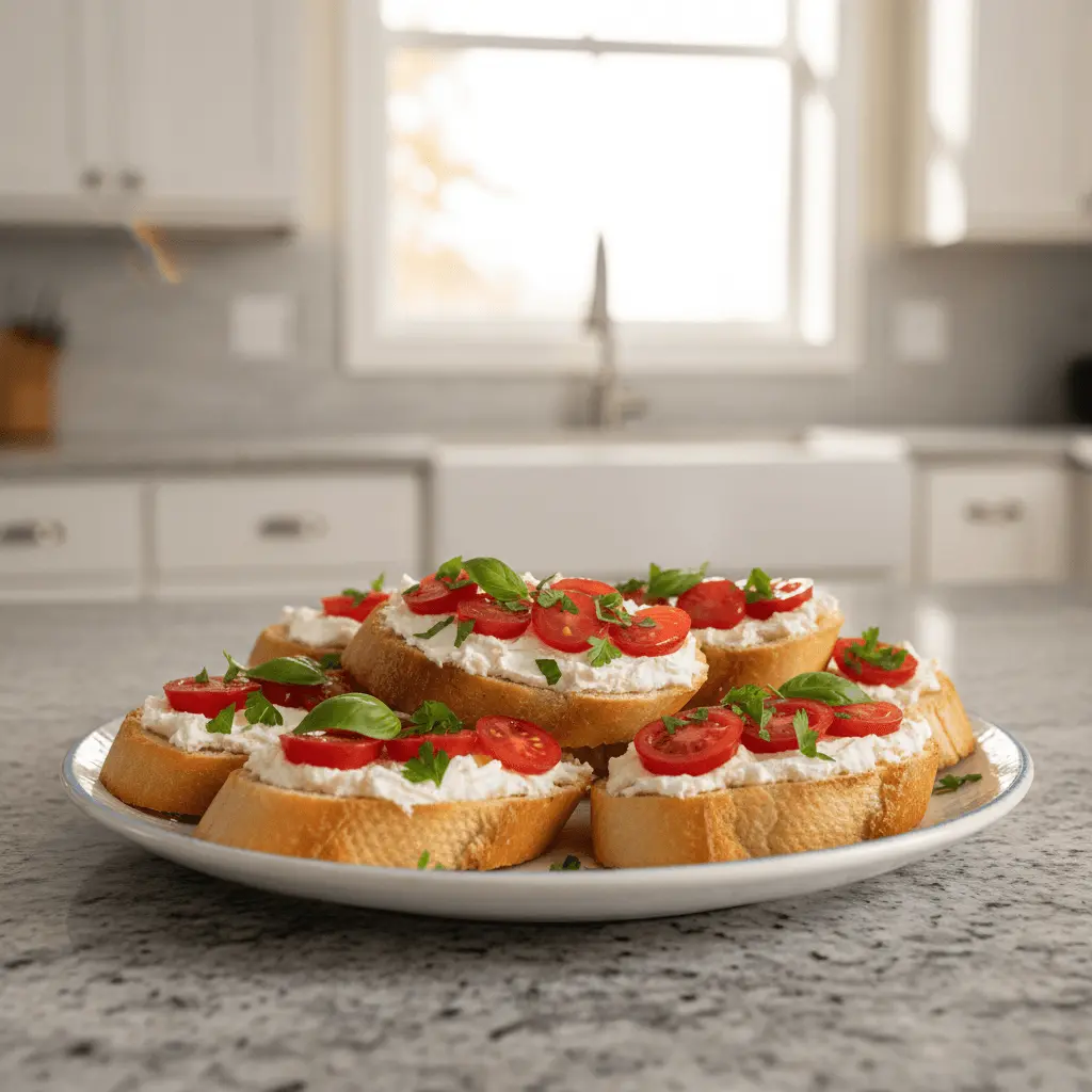 A plate of homemade cream cheese crostini topped with vibrant cherry tomatoes and fresh basil in a bright kitchen.