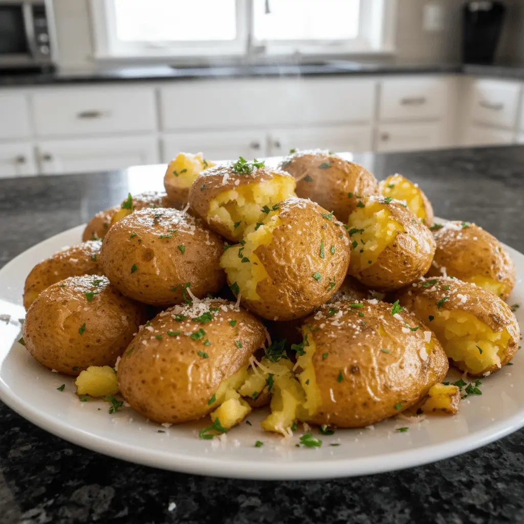 Close-up of golden-brown crispy smashed potatoes topped with fresh parsley and grated cheese.