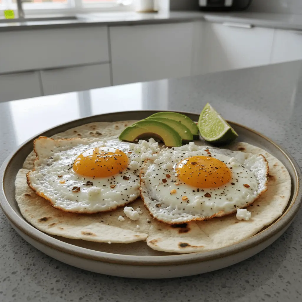 A close-up of two perfectly cooked Feta fried eggs on soft flatbreads, garnished with fresh avocado slices, black pepper, red pepper flakes, and a lime wedge on a modern kitchen countertop.