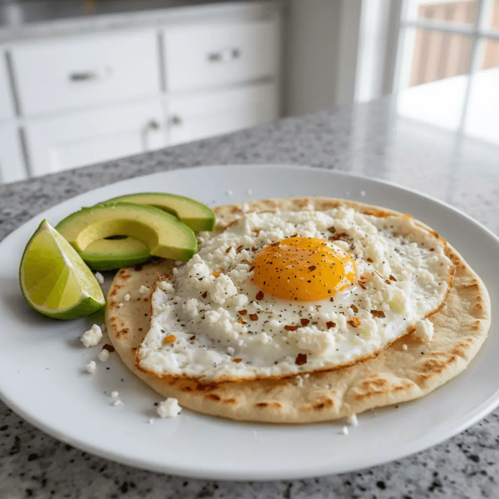 Close-up of appetizing Feta fried eggs on a flatbread with avocado and lime, perfect for breakfast or brunch.