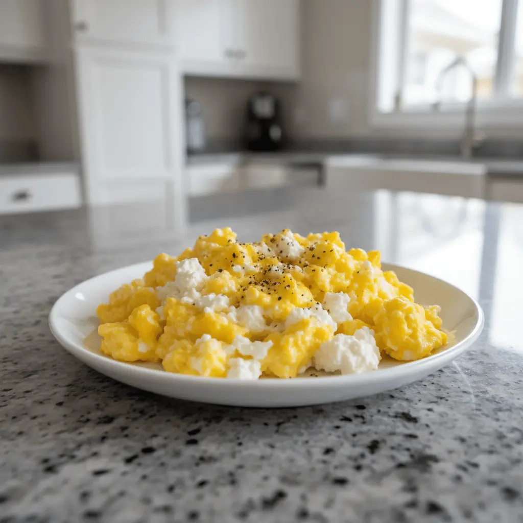 A bright, appetizing plate of fluffy cottage cheese scrambled eggs with black pepper, served on a modern kitchen countertop.