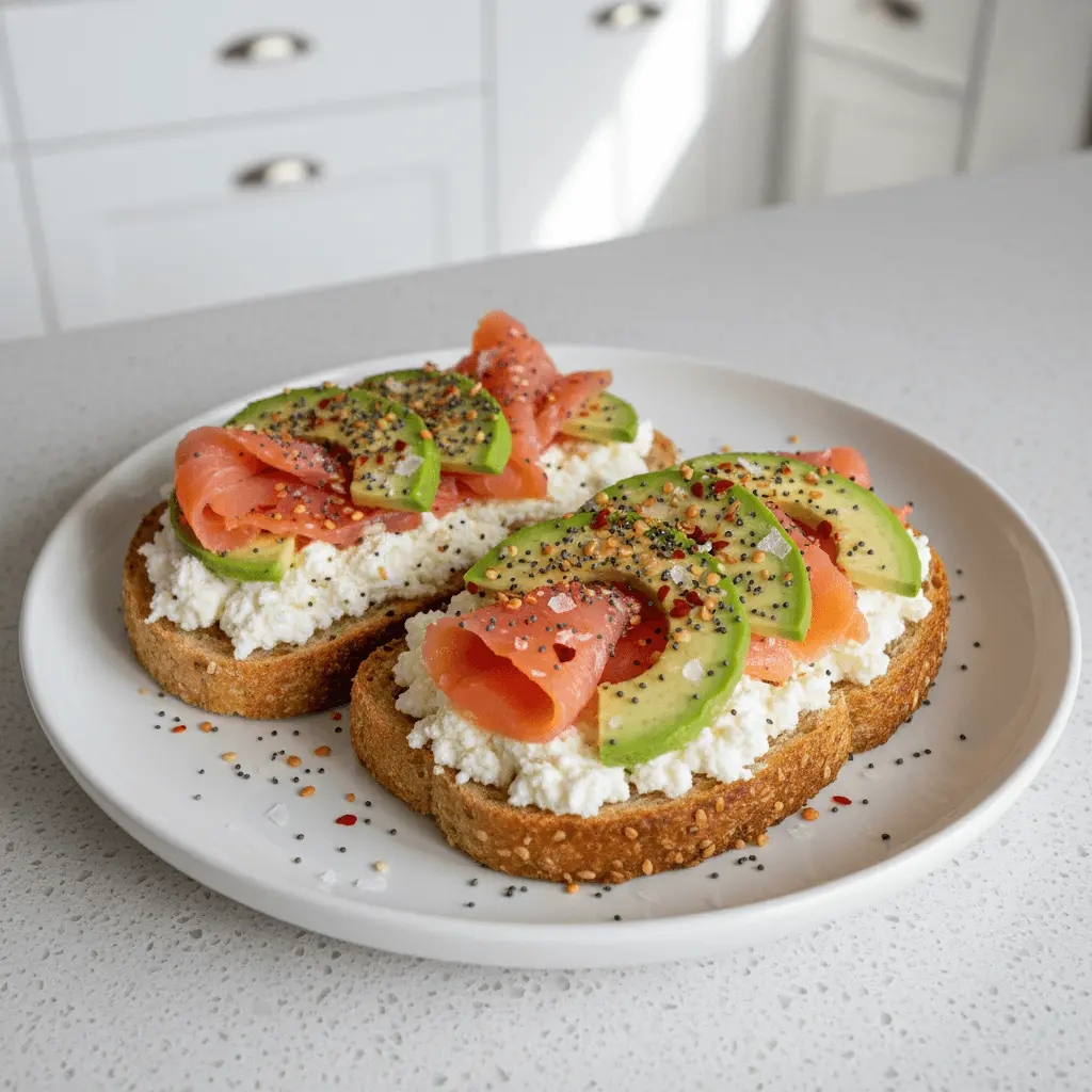 Close-up of two gourmet cottage cheese toast slices with smoked salmon, avocado, and everything bagel seasoning on a white plate in a modern kitchen.