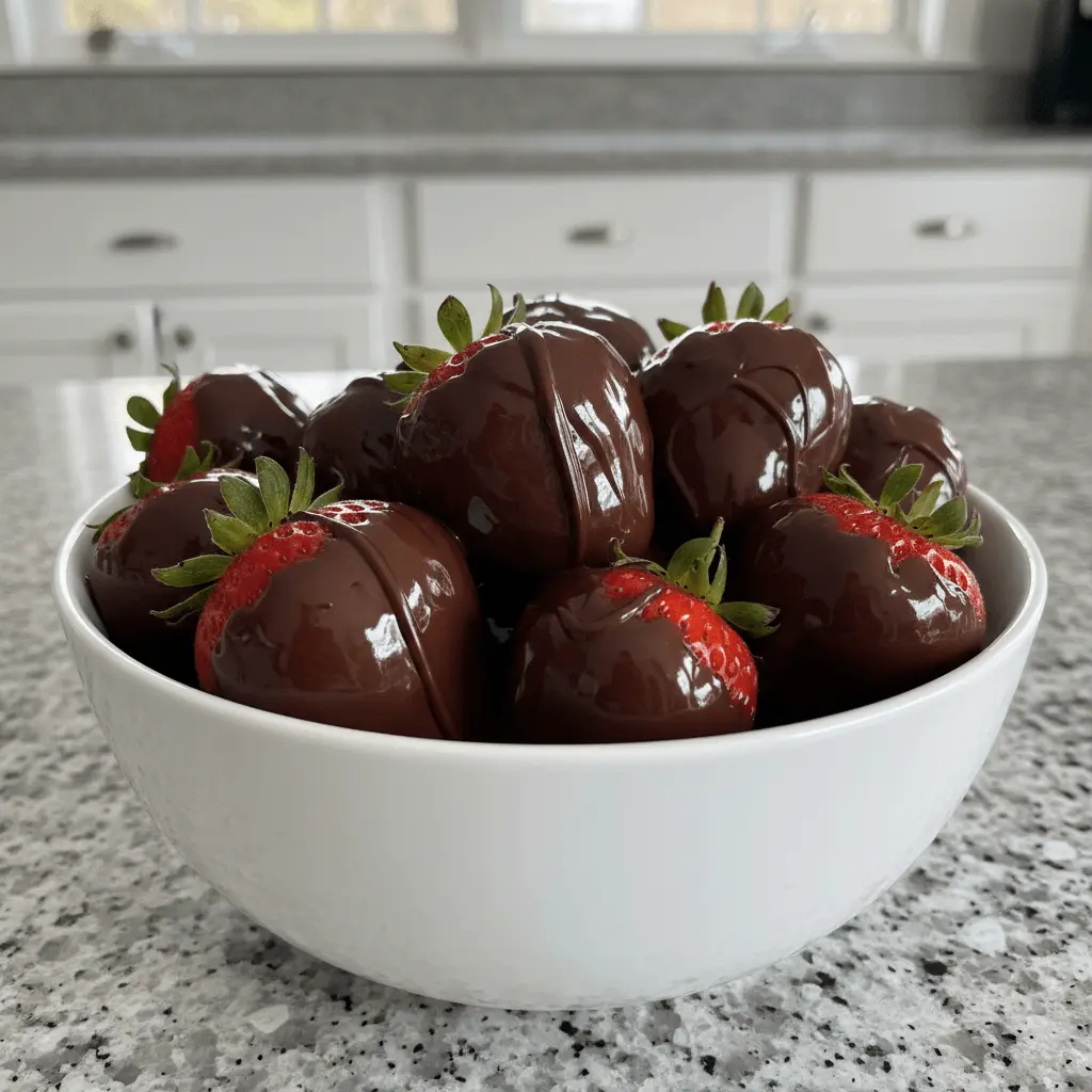 A vibrant close-up of a strawberry dipped chocolate bowl, filled with glossy, dark chocolate-covered strawberries in a bright kitchen.