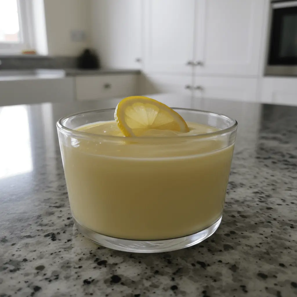 A bright lemon posset dessert, garnished with a fresh lemon slice, sits on a modern kitchen counter.