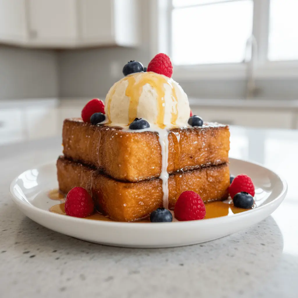 Golden-brown Ice cream French toast stacked with melting vanilla ice cream, fresh raspberries, blueberries, and maple syrup on a white plate in a bright kitchen.