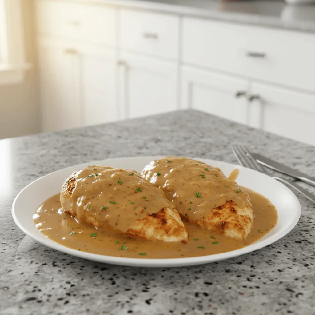 Two chicken breasts with a creamy, herbed sauce on a white plate, showcasing delightful smothered chicken recipes in a modern kitchen.